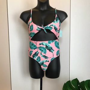 #1 High Waisted Pink & Green Leaf Print Swimsuit